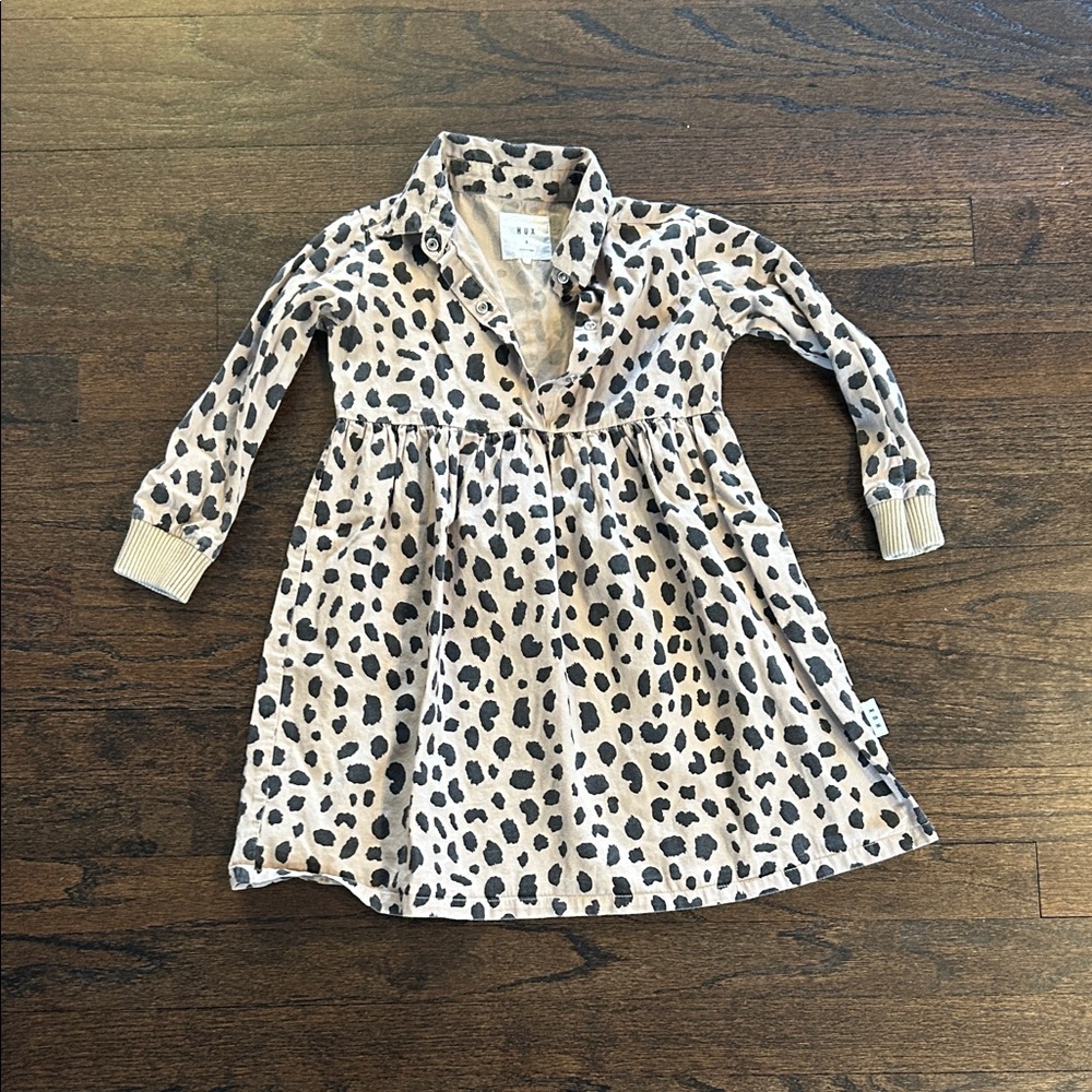 Hux Girls Leopard Print Long Sleeve Button-Up Dress - Beige & Black Size 4